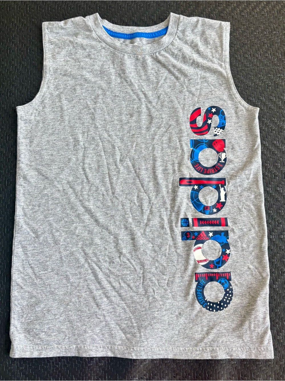 Adidas Boys' Gray Sleeveless Tee with Blue & Red sports Graphics size M 10/12